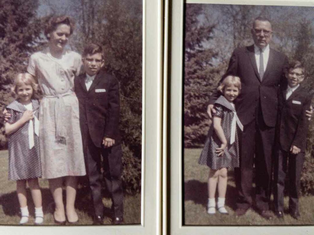 Two photos: my brother and I with our mother; my brother and I with our father