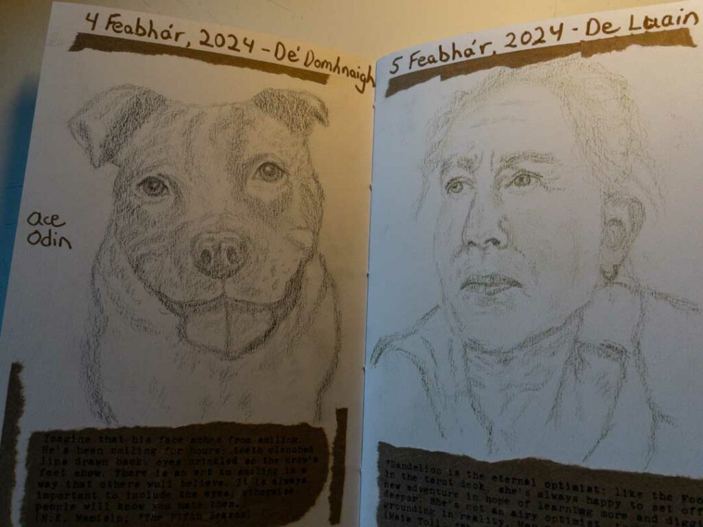 dog sketch and self portrait