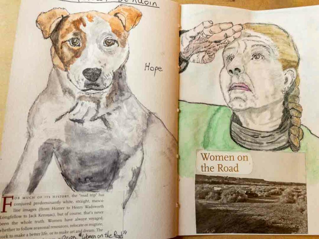 2 watercolor sketches: a dog and a woman